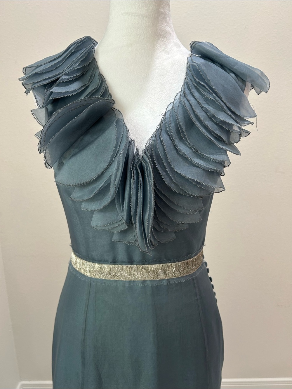 Lela Rose Slate Blue Evening Gown with Ruffled V-Neck, 100% Silk Organza Dress - Picture 3 of 15